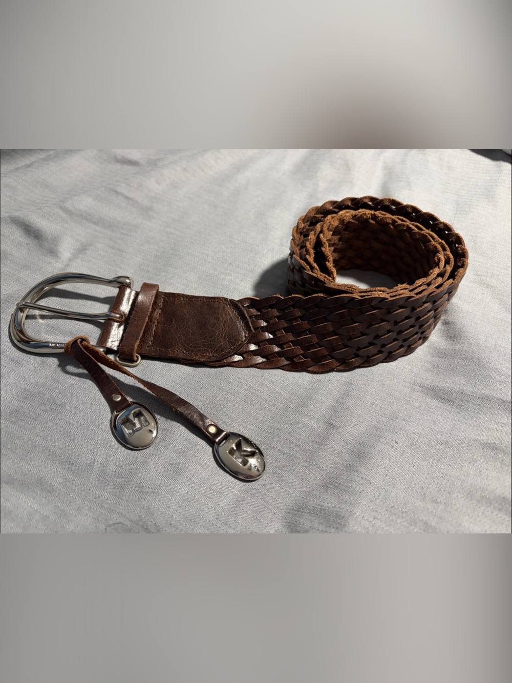 Michael Kors Brown Woven Leather Belt with Silver Buckle